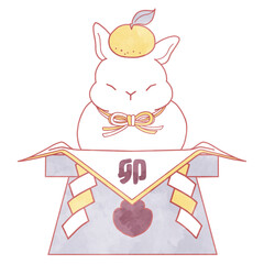 鏡餅になったウサギの水彩風加工イラスト