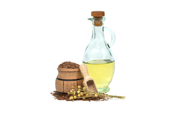 Linseed and linseed oil in glass decanter on white