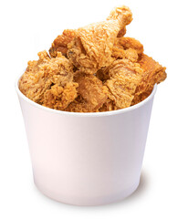 Fried chicken isolated on white bucket With clipping path, Fried chicken on paper box for delivery. 