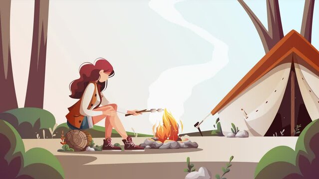 Woman sitting by campfire and roasting marshmallows. Summertime camping, traveling, camper, nature, journey concept. Animation video.