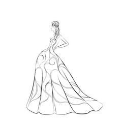 Beautiful fashion woman abstract silhouette, girl in long dress, single line on a white background, isolated vector illustration. Print and logo design, beauty salon.