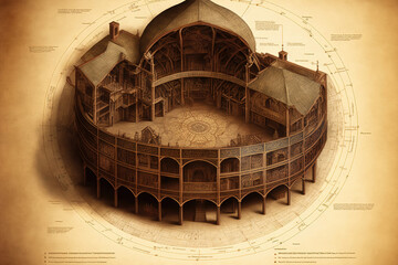 AI generated image of a blueprint or construction plan of a large Shakespearean theater in Europe