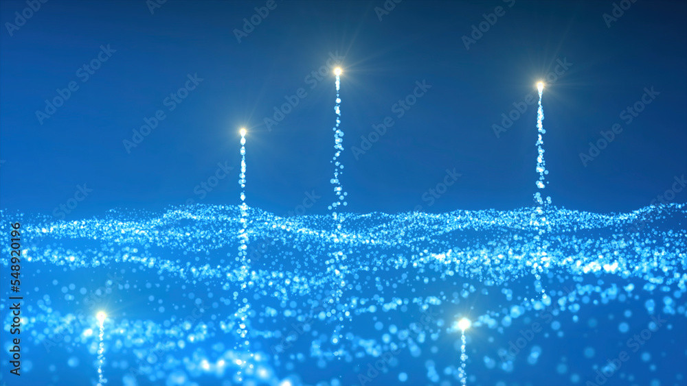 Wall mural abstract blue waving texture of tiny particles. motion. star field with rising up shining comet tail
