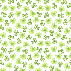 Seamless pattern with three-leaf clover. St.Patrick 's Day. Watercolor illustration. Isolated on a white background.For design fabrics, wallpaper, wrapping gift paper, and decorations for the holiday