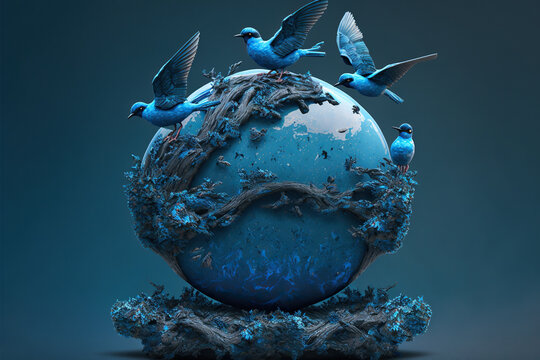 Blue environment on a sphere with branches and big birds on a blue background, generative ai