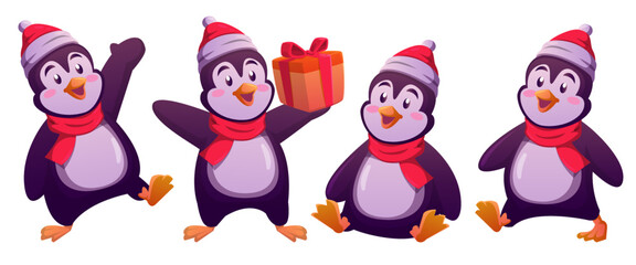 Penguin christmas characters set with santa hat, gift and scarves