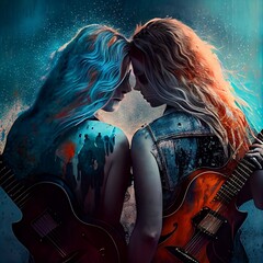 Two women with guitars generative ai 