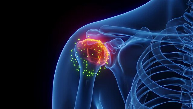 3D rendered Medical Animation of a man's inflamed right shoulder undergoing tissue regeneration.
