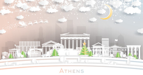 Athens Greece. Winter City Skyline in Paper Cut Style with Snowflakes, Moon and Neon Garland.