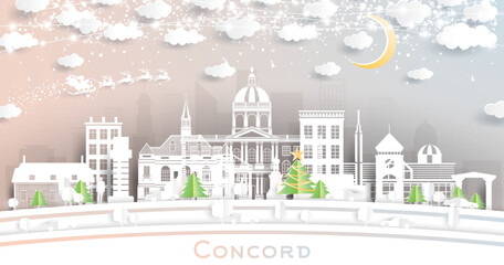 Concord New Hampshire. Winter City Skyline in Paper Cut Style with Snowflakes, Moon and Neon Garland.