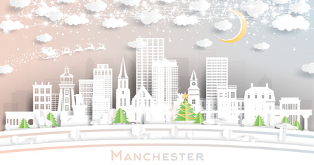 Manchester New Hampshire. Winter City Skyline in Paper Cut Style with Snowflakes, Moon and Neon Garland.
