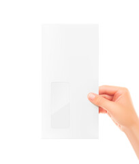 Right hand holds out an envelope with a window. Vector illustration isolated on a white background. Can be used to present your product. EPS10.	