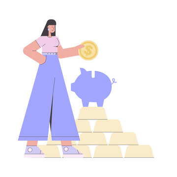 Character with a coin next to a piggy bank