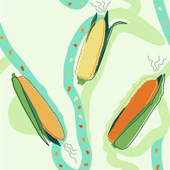 Pattern minimalist linear illustration, gradient corn cob with green leaves and kernels. Food and design element.