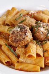 Rigatoni with large meatballs Italian pasta