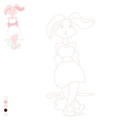 Cartoon picture of a rabbit with long ears in a dress, children's coloring book with a color example. Symbol of the new year.