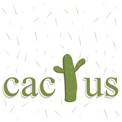 A green elongated cactus with thorns and the inscription cactus. Design element, vector isolated on white background.