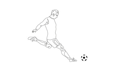 Continuous line drawing of football player kicking ball.