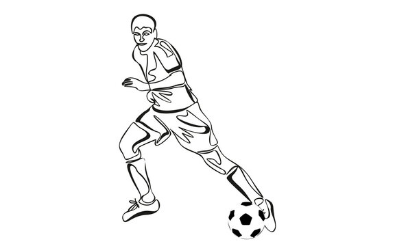 Continuous line drawing of football player kicking ball.
