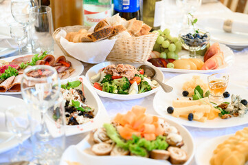 Top view of buffet table with assortment of healthy hearty food, banquet and appetizer, restaurant...