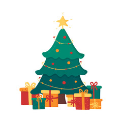 Colourful christmas tree with gift boxes. Traditional New Year symbol with star, garland, decorations and presents in cartoon style. Png on transparent background, vector illustration