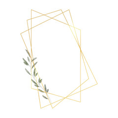 Golden geometric frame with leaves in watercolor style. Luxury polygonal frame for decoration valentine's day, wedding invitations, greeting cards. Png on transparent background, vector illustration