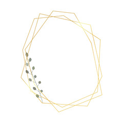 Golden geometric frame with leaves in watercolor style. Modern polygonal frame for decoration valentine's day, wedding invitations, greeting cards. Png on transparent background, vector illustration