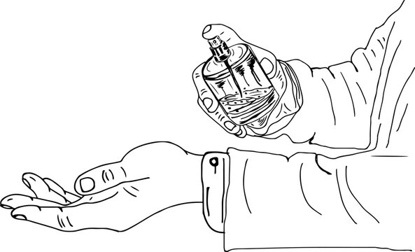 perfume bottle spraying hand, black and white clip art preview