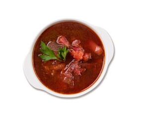 Traditional beetroot soup (Borscht) on white isolated background. Ukrainian and Russian national cuisine.