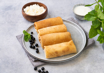 Homemade crepes stuffed with cottage cheese and black currant berries on a blue plate with sour cream