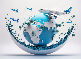 Airplanes flying over the earth globe on a white background, generative ai