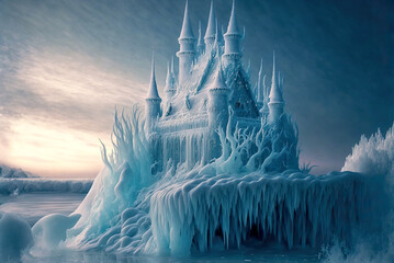 Magic Ice Castle with snow. Fantasy snowy landscape. Winter castle on the mountain, winter forest. 3D illustration	