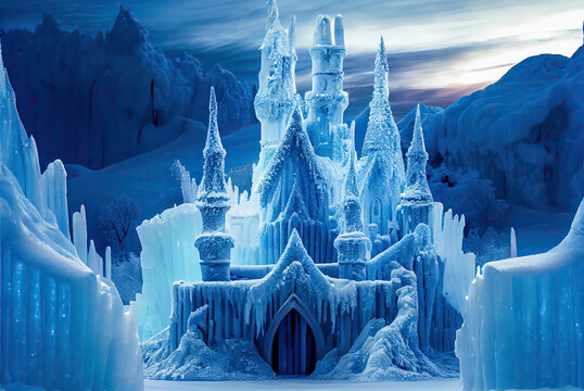 Magic Ice Castle with snow. Fantasy snowy landscape. Winter castle on the mountain, winter forest. Digital art