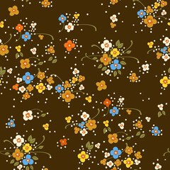 Seamless pattern with small blooming white, yellow, orange, blue flowers on a brown background.