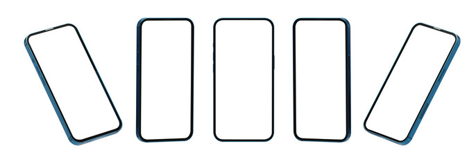 Set of smartphone mockup blank screen on white background. Isolated cellphone in five positions....