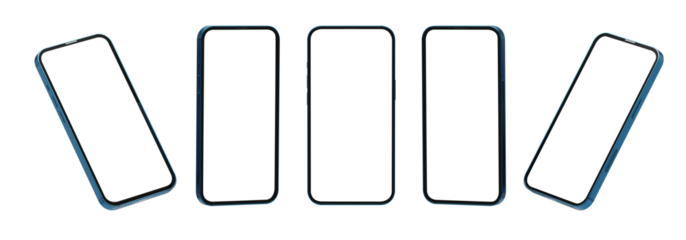 Set of smartphone mockup blank screen on white background. Isolated cellphone in five positions. Front, left and right side. Isolated screen for mockup, app or web site promotion