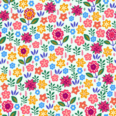 Fototapeta na wymiar Amazing seamless floral pattern with bright multicolored flowers and leaves on a light green background. An elegant template for fashionable prints. Modern floral background. Folk style.
