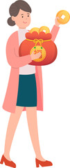 Women and Chinese New Year with coins and money, red festive attire, festival in Asia