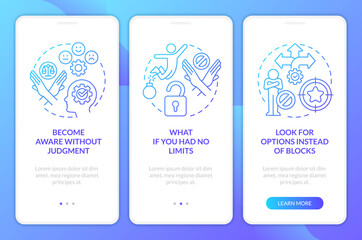 Break mindset limitations blue gradient onboarding mobile app screen. Walkthrough 3 steps graphic instructions with linear concepts. UI, UX, GUI template. Myriad Pro-Bold, Regular fonts used