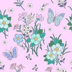 Fototapeta premium A gently pastel pattern of blooming summer flowers and butterflies. Background in small colorful flowers for textiles, fabrics, cotton fabric, covers, scrapbooking.