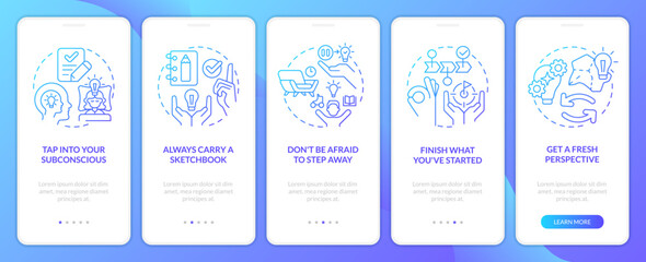 Ways to beat creative block blue gradient onboarding mobile app screen. Walkthrough 5 steps graphic instructions with linear concepts. UI, UX, GUI template. Myriad Pro-Bold, Regular fonts used