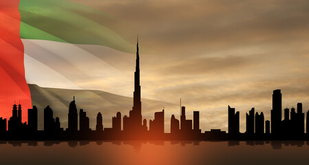 Fototapeta na wymiar United Arab Emirates flag and Dubai skyline view at sunset. UAE celebration. National day, Flag day, Commemoration day, Martyrs day.