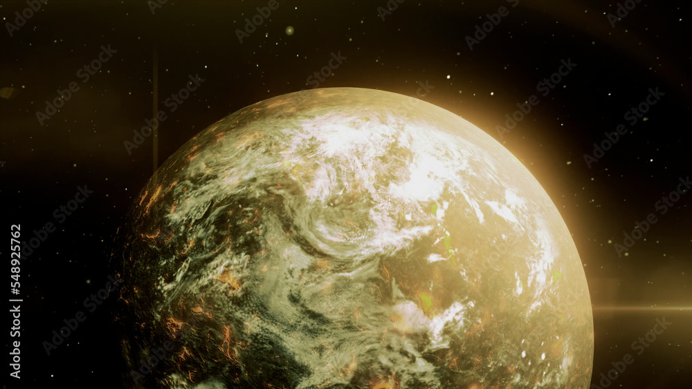 Poster outer space with a view of the earth . motion . illuminated in blue and yellow with a view of our pl
