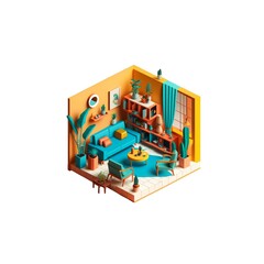 Interior illustration isometric low poly living room cute design. Room includes sofa, table, windows, frame and other furniture