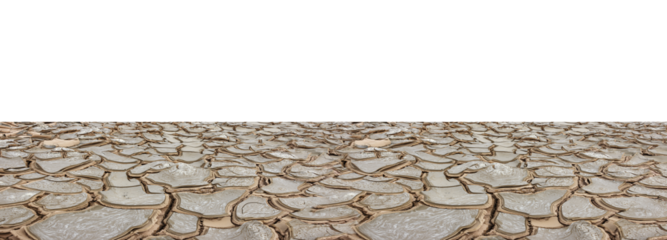 Soil drought of dry cracked landscape isolated on transparent background, Global warming concept. Png file