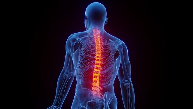 3D rendered Medical Animation of inflammation of a man's vertebral column.