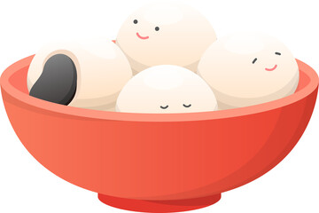 A bowl of glutinous rice balls with playful and cute expressions and mascots, glutinous rice sweets in Asia, traditional dim sum for Lantern Festival or Winter Solstice