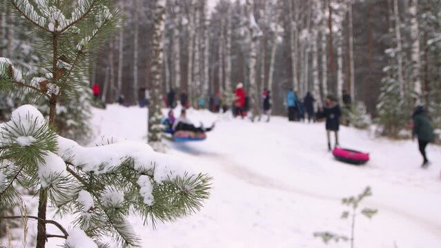 Children ride in the winter from a hill on inflatable tubing in defocus. Happy friends, holidays, winter fun, snowy mountain slopes. Video, footage for the background, intro, titles. UHD 4K.
