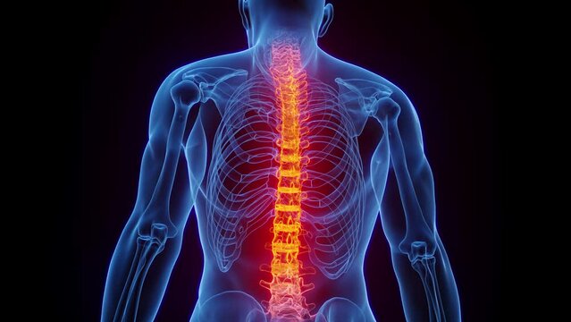 3D rendered Medical Animation of a man's inflamed backbone.