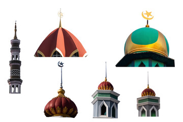 Obraz premium Mosques Dome Isolated on White Background,Islamic New Year Muharram,Islamic Religion Symbols Ramadan and Arabic,Eid al-Adha,Eid al-fitr,Mubarak,Kareem Holy Muslim,Mubarak God Month Mawlid.
